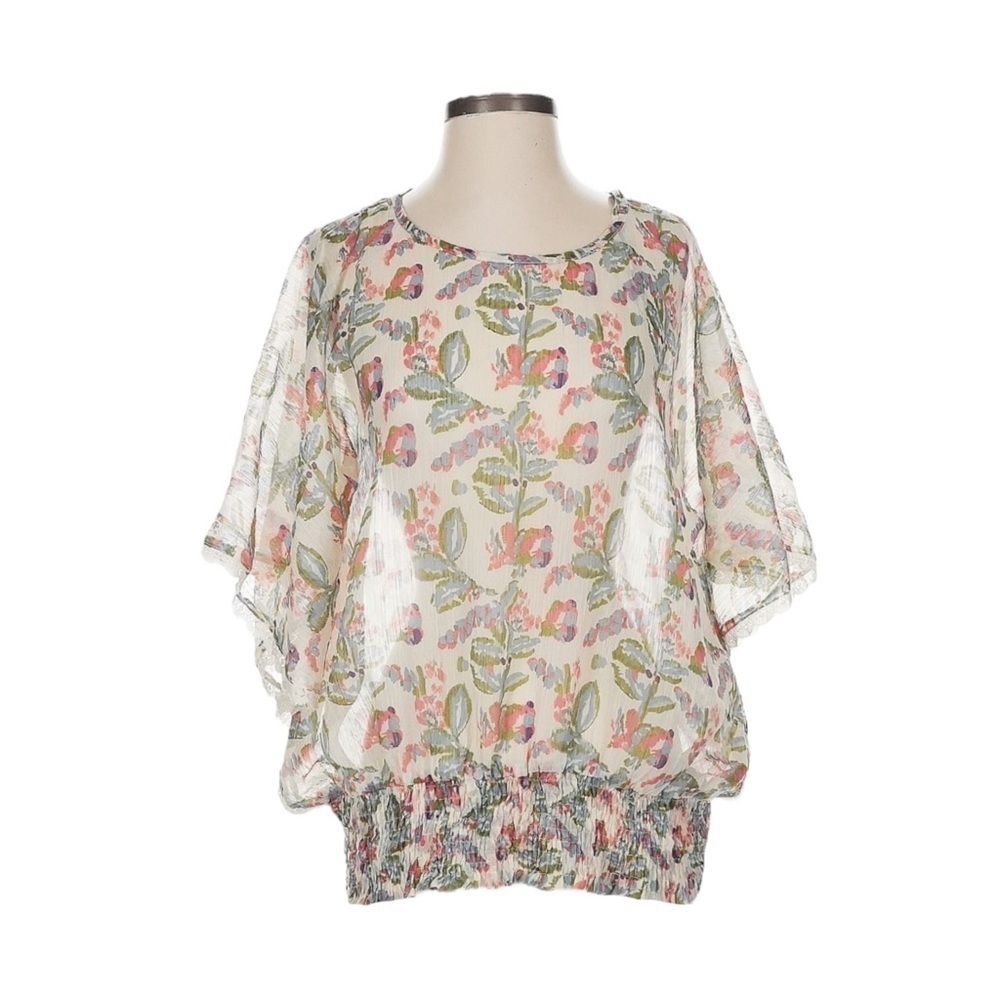 World Market Sheer Floral Blouson Top Lace Batwing Smocked Waist S/M